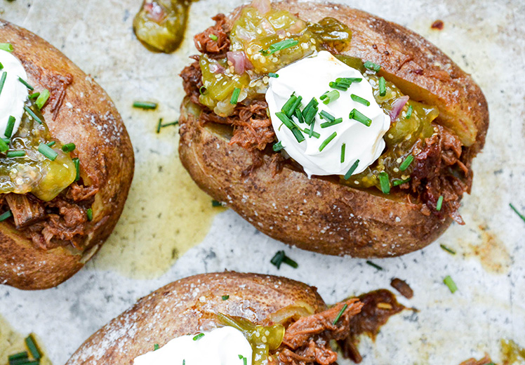 Baked Potatoes with Shredded Barbecue Beef and Tomatillo Jam The