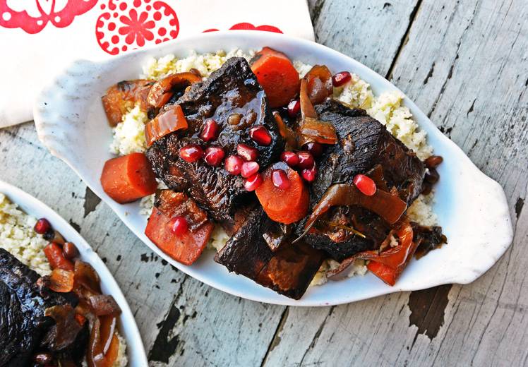 Slow Cooker Pomegranate Beef Short Ribs with Parmesan Cauliflower Grains