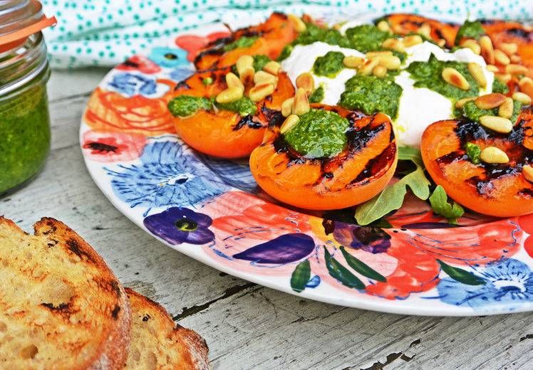 Burrata Salad with Grilled Apricots and Basil Pesto