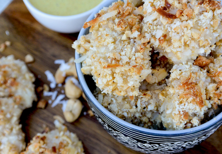 Cashew-Coconut Chicken Bites with Honey-Curry Yogurt Dip