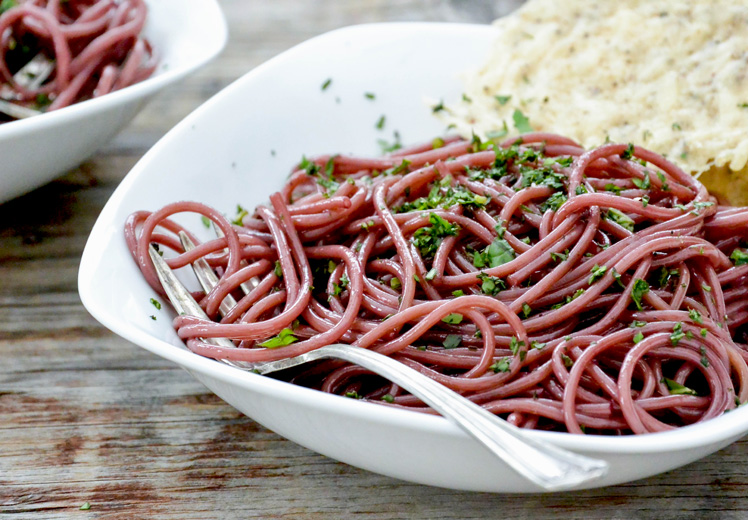 Red Wine Spaghetti with Black Pepper Parmesan Crisps