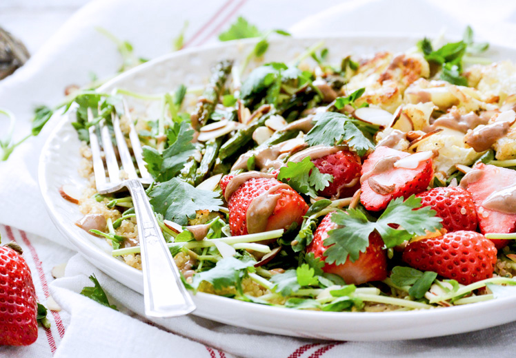 Quinoa and Pea Shoot Salad with Cauliflower, Asparagus and Strawberries