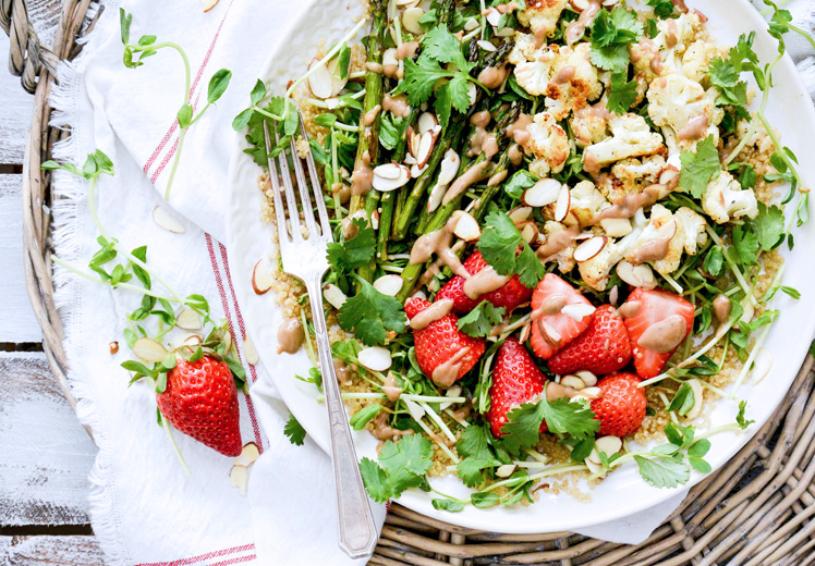 Quinoa and Pea Shoot Salad with Cauliflower, Asparagus and Strawberries
