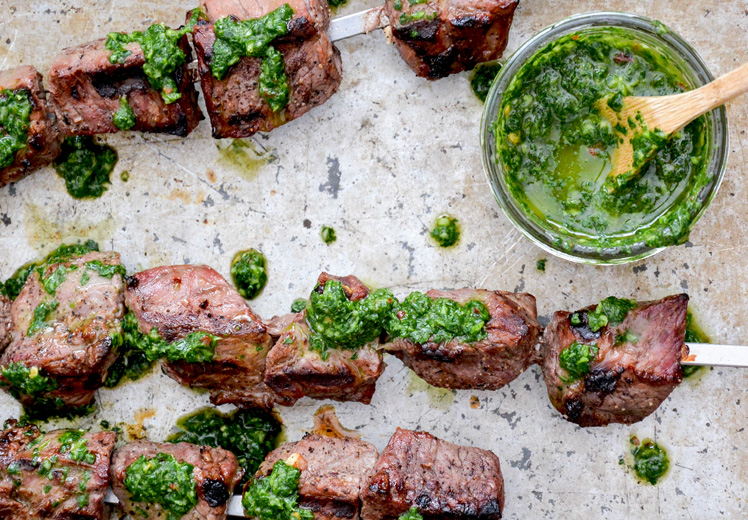 Beer-Marinated Lamb Skewers with Chimichurri Sauce