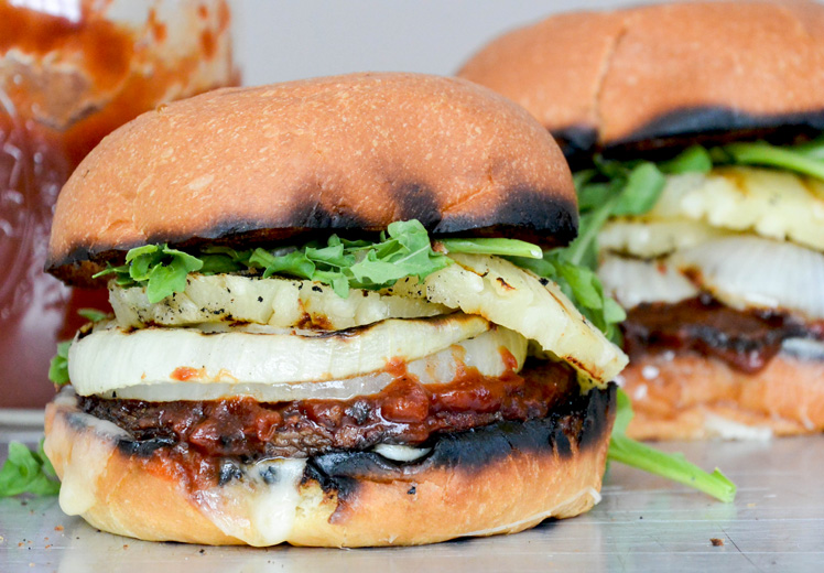 Barbecue Portobello Mushroom Burgers with Grilled Onions and Pineapple