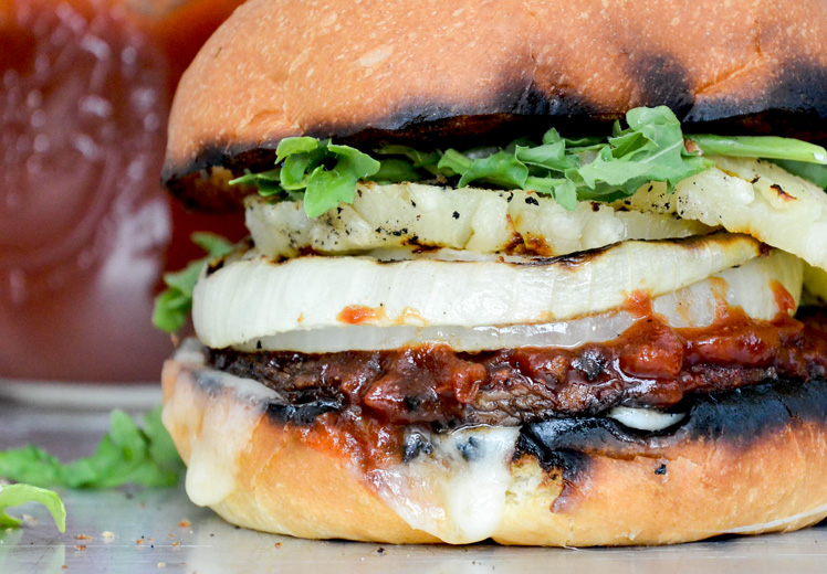 Barbecue Portobello Mushroom Burgers with Grilled Onions and Pineapple