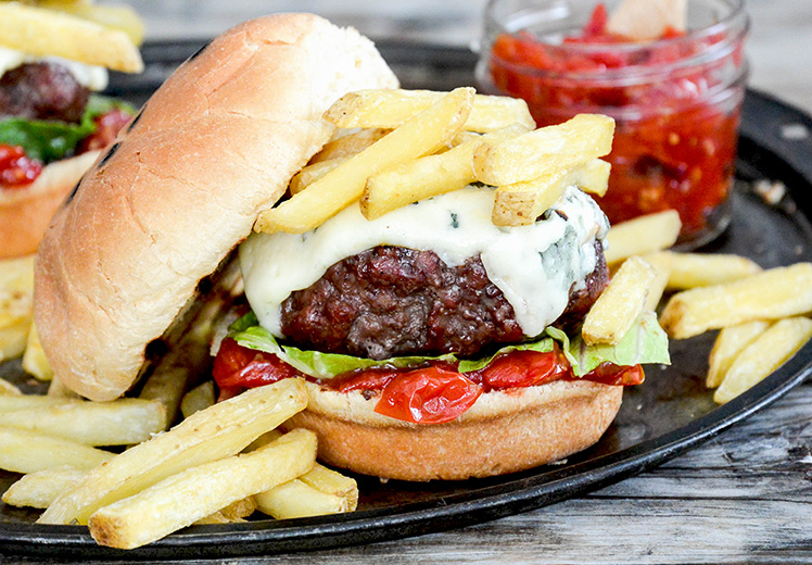 Blue Cheese Burger with Tomato-Shallot Jam