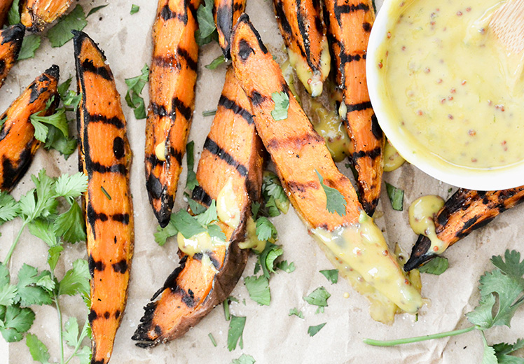 Grilled Sweet Potato Wedges with Zesty Honey-Mustard Dipping Sauce