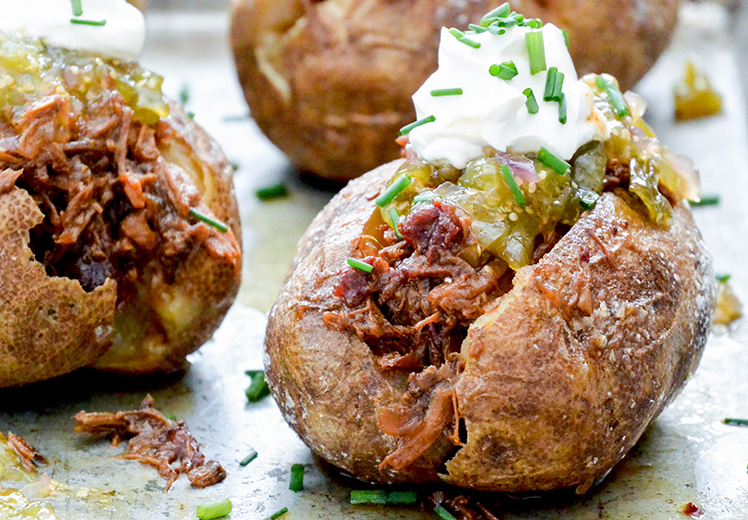 Baked Potatoes with Shredded Barbecue Beef and Tomatillo Jam