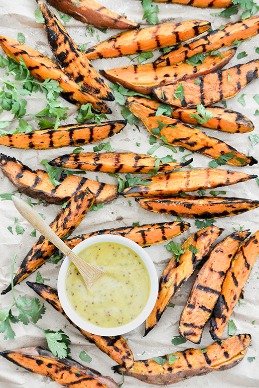 Grilled Sweet Potato Wedges with Zesty HoneyMustard Dipping Sauce