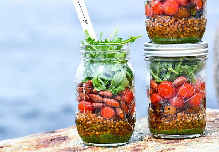 Wheat Berry and Blistered Tomato Mason Jar Salads with Basil-Almond Pesto