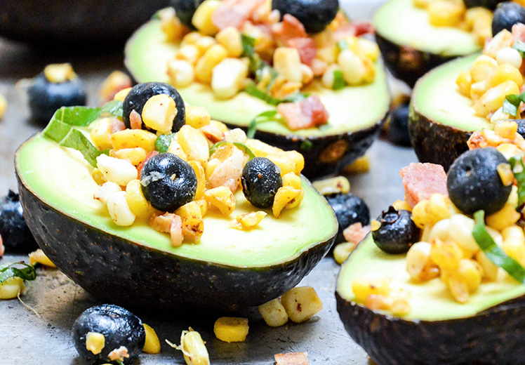 Avocados with Bacon, Corn and Blueberry Salsa