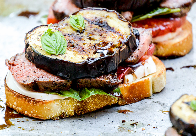 Grilled Tenderloin and Eggplant Open-Faced Caprese Sandwiches