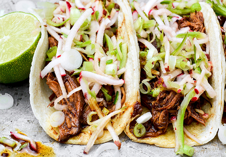 Shredded Hoisin-Blackberry Chicken Tacos with Crunchy Slaw