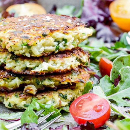 Cauliflower-Apple Fritters with Mixed Greens | www.floatingkitchen.net