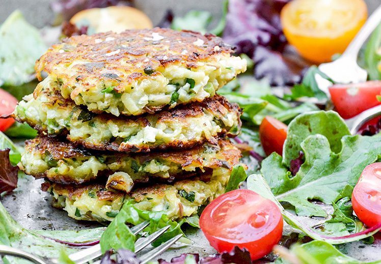 Cauliflower-Apple Fritters with Mixed Greens | www.floatingkitchen.net