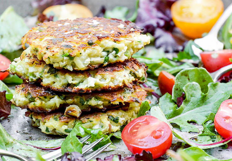 Cauliflower-Apple Fritters with Mixed Greens