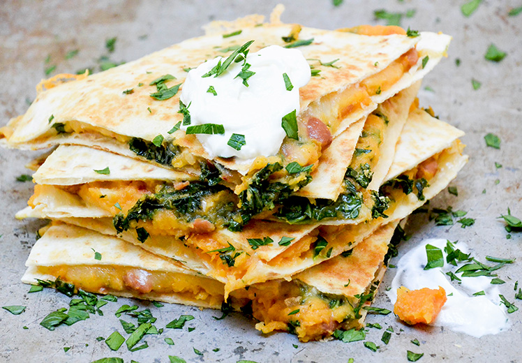 Sweet Potato, Pinto Bean and Kale Quesadillas