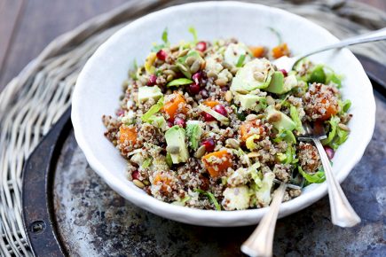 Quinoa and Brussels Sprout Salad with Roasted Butternut Squash, Cauliflower, Avocado and Pomegranate | www.floatingkitchen.net