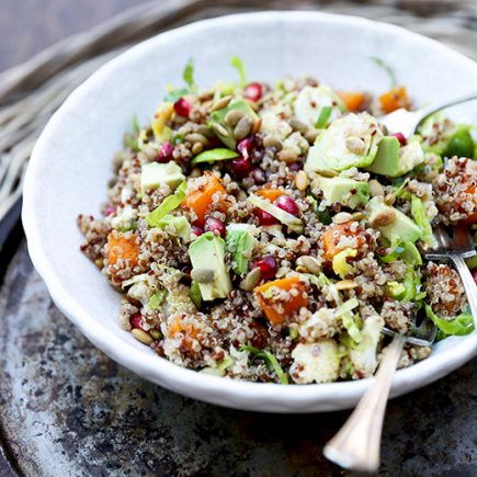 Quinoa and Brussels Sprout Salad with Roasted Butternut Squash, Cauliflower, Avocado and Pomegranate | www.floatingkitchen.net