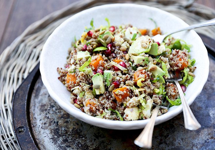 Quinoa and Brussels Sprout Salad with Roasted Butternut Squash, Cauliflower, Avocado and Pomegranate | www.floatingkitchen.net