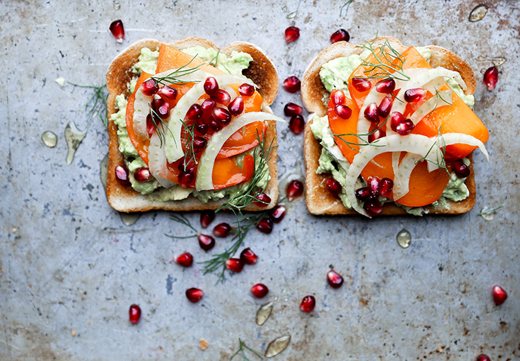 Avocado Toast with Persimmon, Pomegranate and Fennel