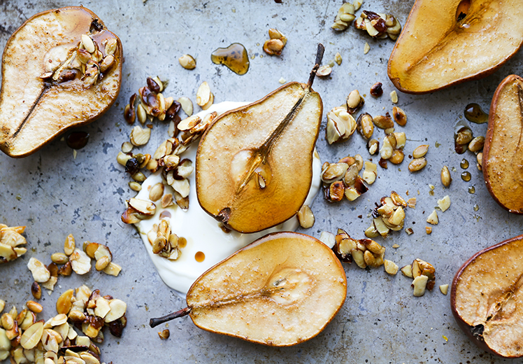 Maple Roasted Pears with Yogurt and Maple-Nut Clusters