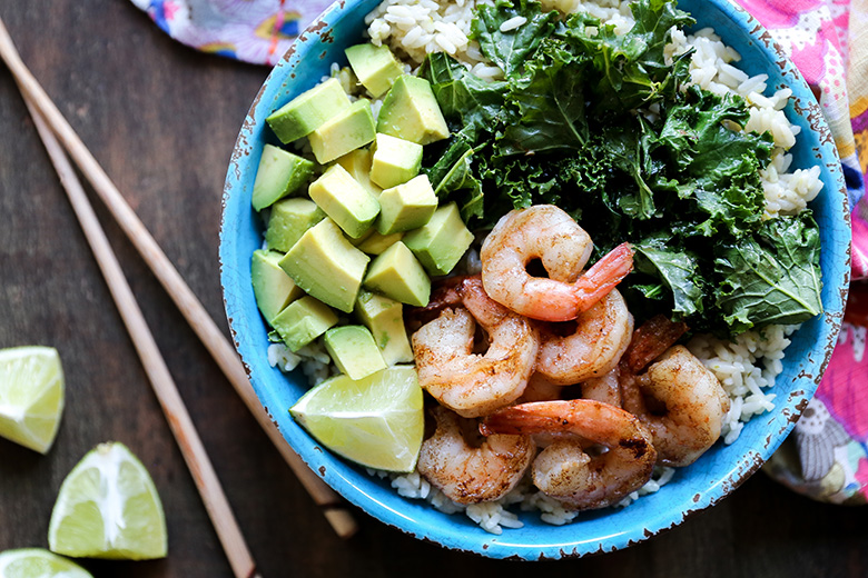 Browned Butter Shrimp and Rice Bowls with Sautéed Kale and Avocado | www.floatingkitchen.net