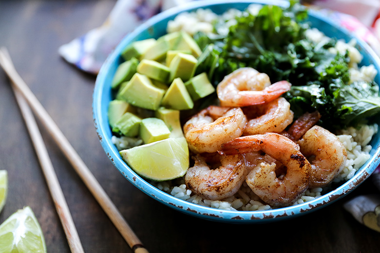 Browned Butter Shrimp and Rice Bowls with Sautéed Kale and Avocado