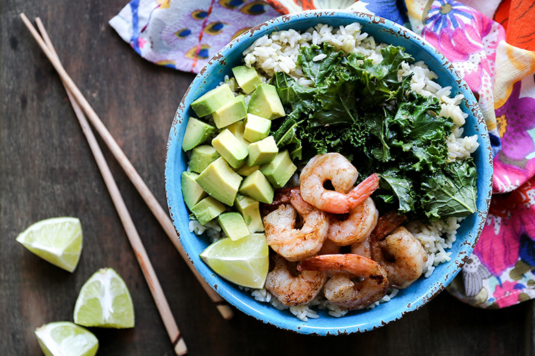 Browned Butter Shrimp and Rice Bowls with Sautéed Kale and Avocado | www.floatingkitchen.net