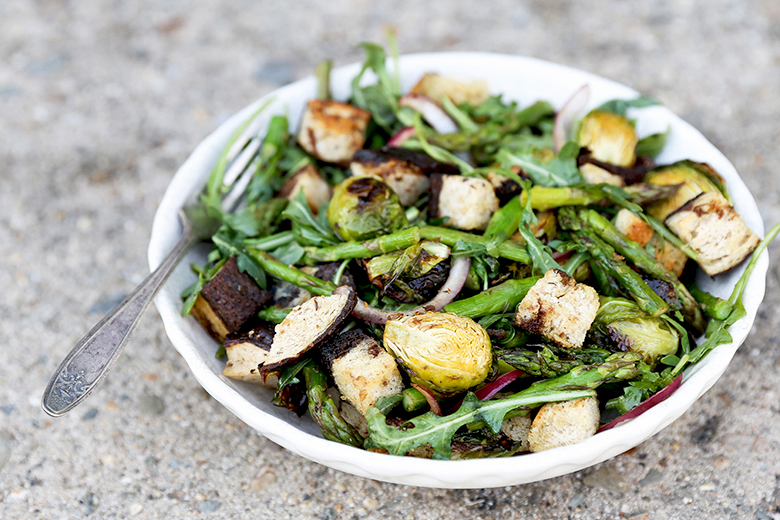Roasted Asparagus and Brussels Sprout Panzanella Salad