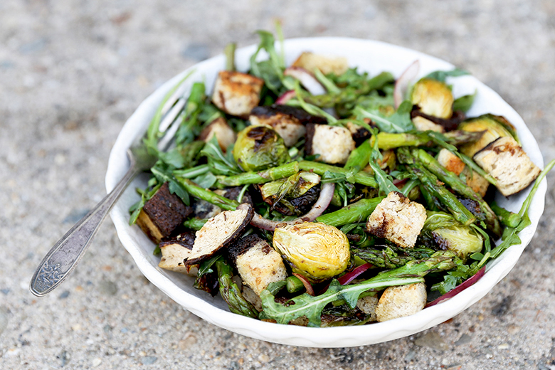 Roasted Asparagus and Brussels Sprout Panzanella Salad | www.floatingkitchen.net