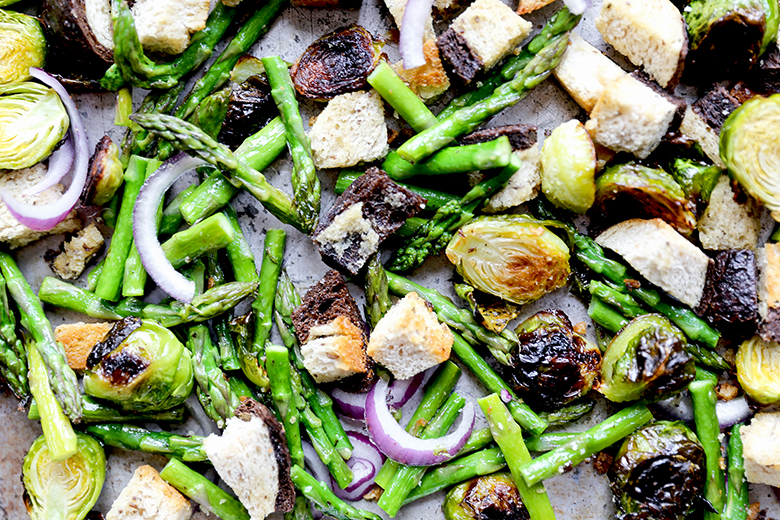 Roasted Asparagus and Brussels Sprout Panzanella Salad | www.floatingkitchen.net