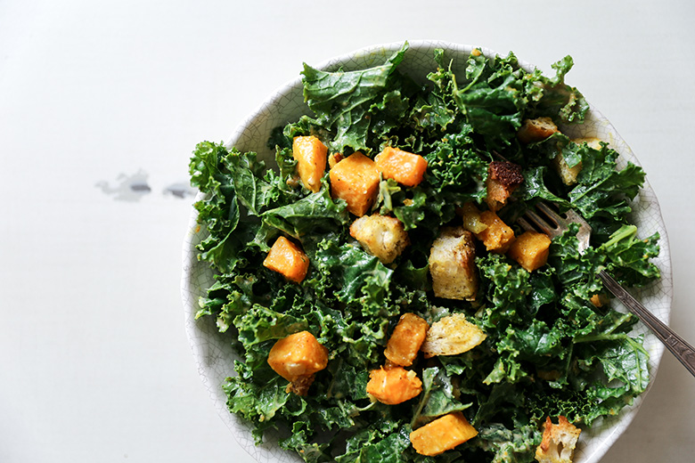 Kale and Butternut Squash Salad with Indian-Spiced Croutons