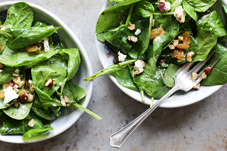 Wilted Spinach Salad with Hazelnuts, Goat Cheese and Raisins | www.floatingkitchen.net