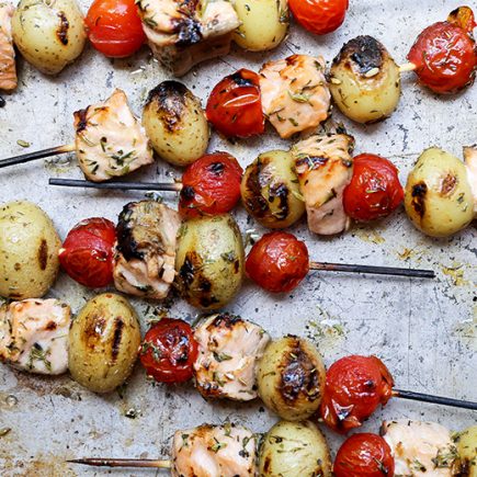 Grilled Salmon, Potato and Tomato Kebabs | www.floatingkitchen.net
