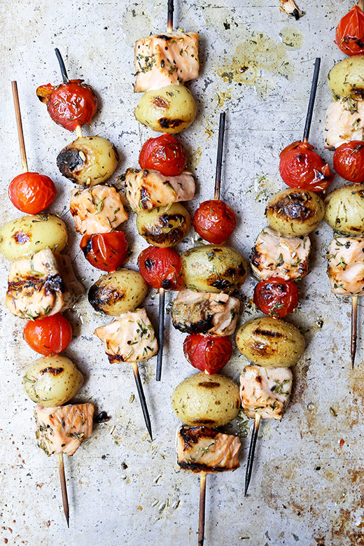 Grilled Salmon, Potato and Tomato Kebabs Floating Kitchen