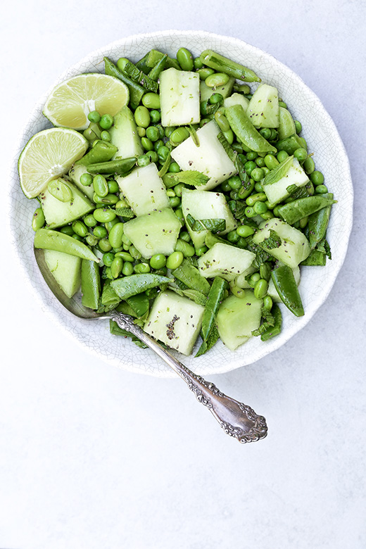 Honeydew, Pea and Edamame Salad with SesameGinger Dressing Floating