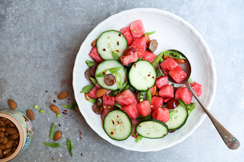 Hydrating Watermelon Salad with Grapes, Snap Peas and Cucumbers | www.floatingkitchen.net