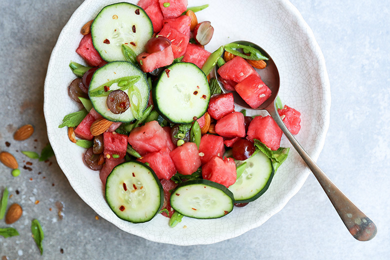 Hydrating Watermelon Salad with Grapes, Snap Peas and Cucumbers | www.floatingkitchen.net