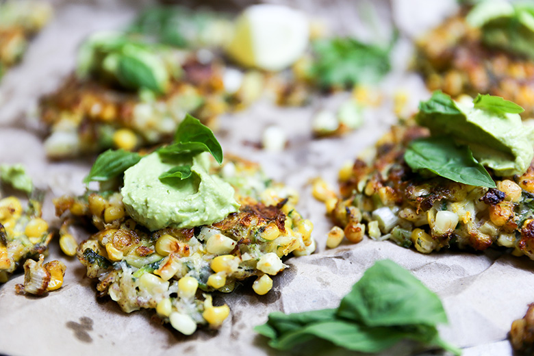 Sweet Corn and Squash Fritters with Avocado Crema | www.floatingkitchen.net