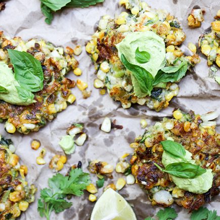 Sweet Corn and Squash Fritters with Avocado Crema | www.floatingkitchen.net