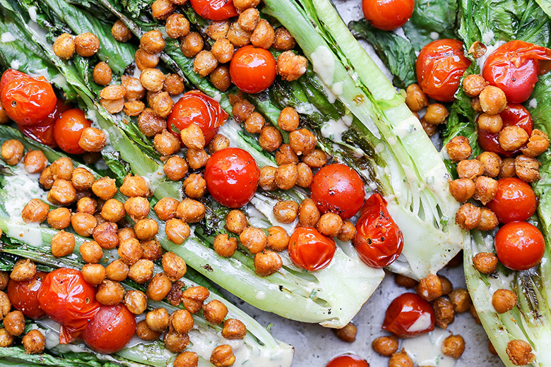 Grilled Romaine Salad with Roasted Chickpeas and Tomatoes | www.floatingkitchen.net