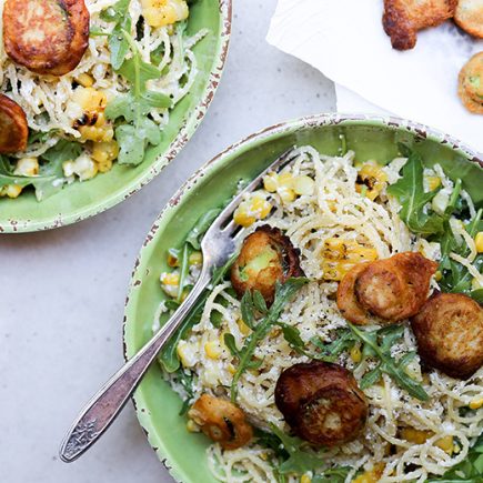 Spaghetti with Grilled Corn, Arugula, Ricotta and Fried Jalapeños | www.floatingkitchen.net