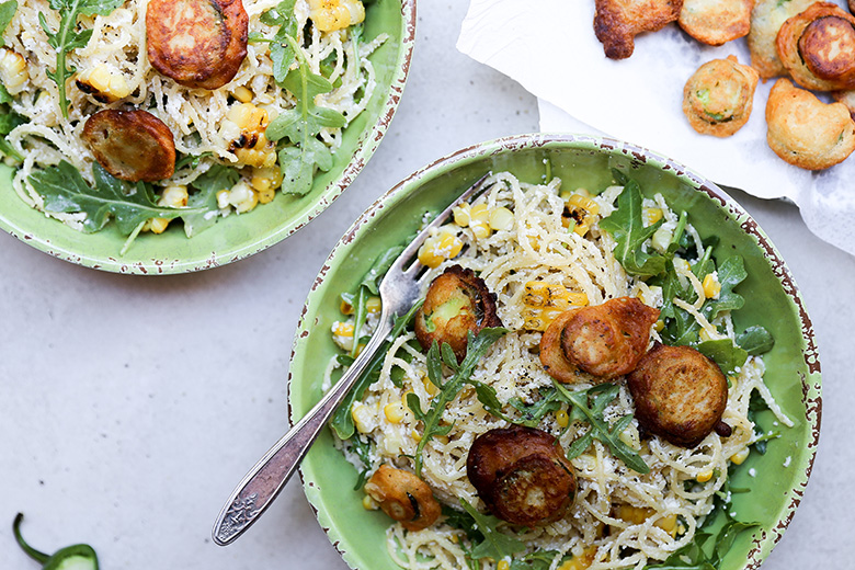 Spaghetti with Grilled Corn, Arugula, Ricotta and Fried Jalapeños | www.floatingkitchen.net