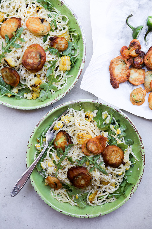 Spaghetti with Grilled Corn, Arugula, Ricotta and Fried Jalapeños