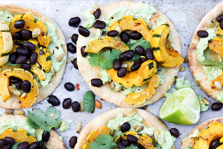 Roasted Delicata Squash Pita Tostadas with Black Beans and Guacamole | www.floatingkitchen.net