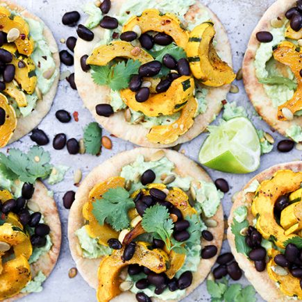 Roasted Delicata Squash Pita Tostadas with Black Beans and Guacamole | www.floatingkitchen.net