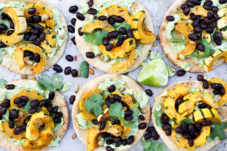 Roasted Delicata Squash Pita Tostadas with Black Beans and Guacamole | www.floatingkitchen.net