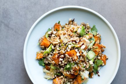 Farro Salad with Butternut Squash, Brussels Sprouts and Leeks | www.floatingkitchen.net